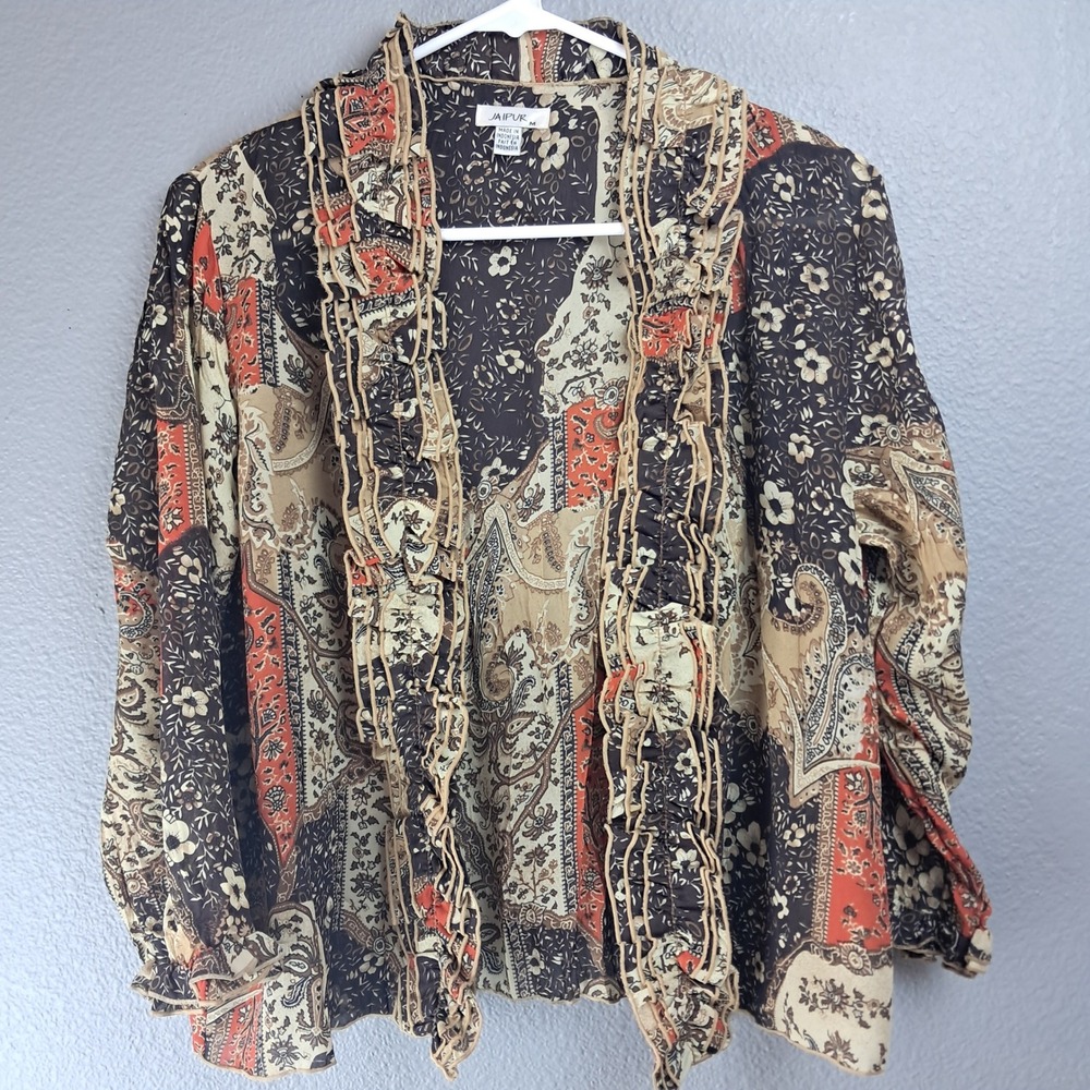 Jaipur Paisley Ruffle Front Blouse Long‎ Sleeve Bohemian Top Size M